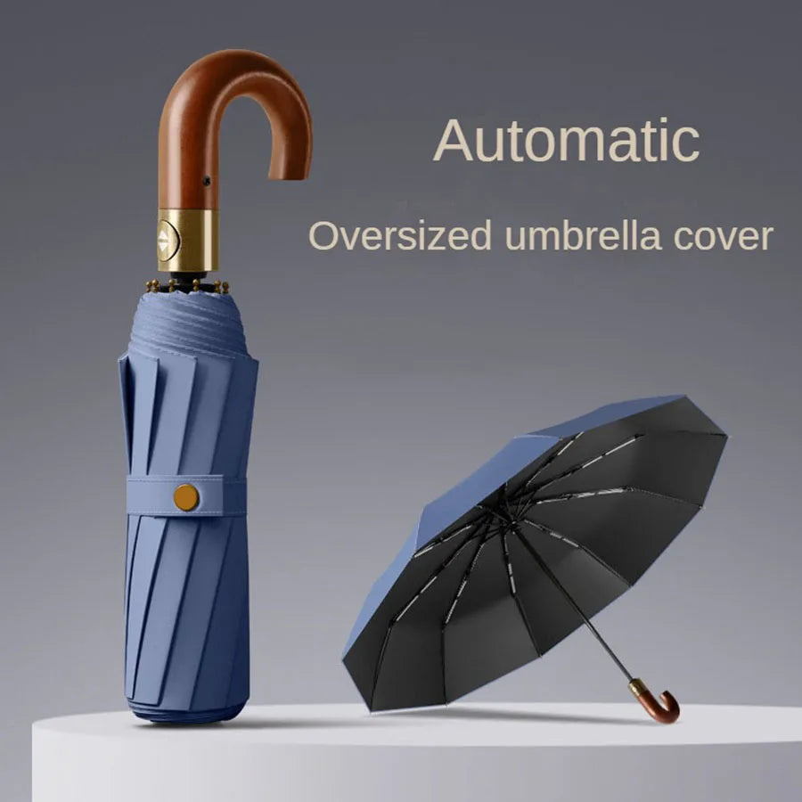 Windproof Automatic Folding Umbrella with UV Protection Curved Handle for Sun and Rain