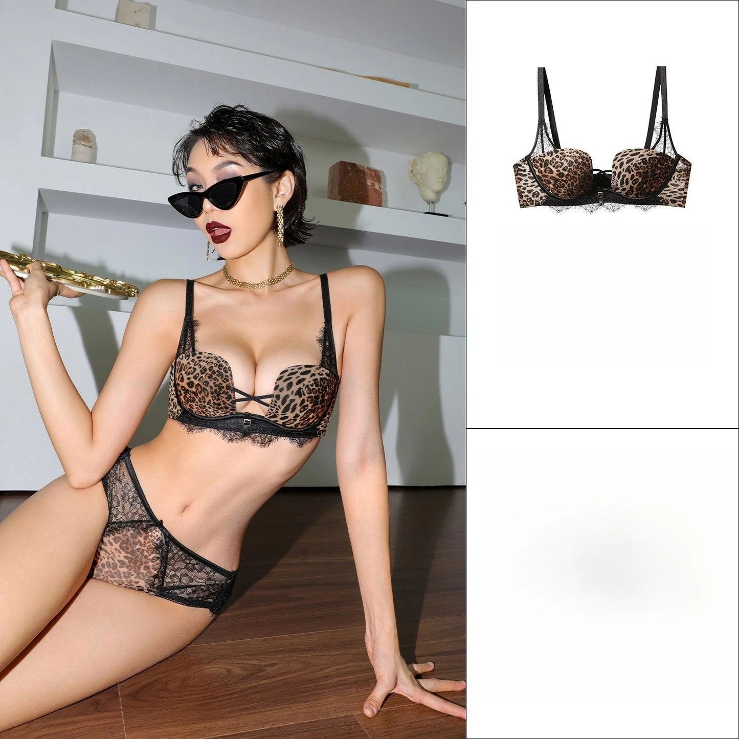 Womens Leopard Print Lace Push Up Bra and Brief Set