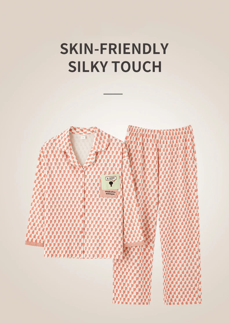 Women’s Winter 100% Cotton Pajama Set – Loose Fit, Turn-Down Collar, Long Sleeves, Cute Pink