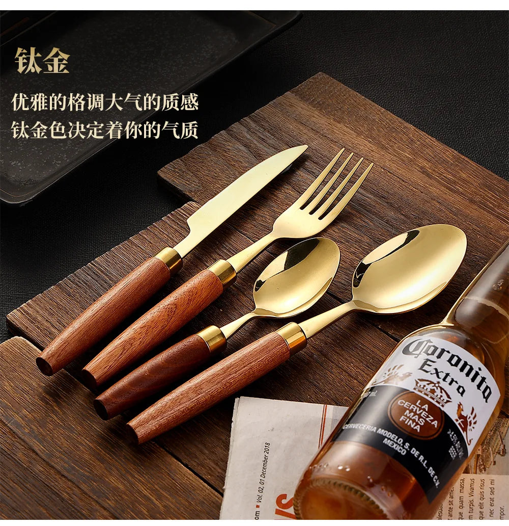 4pcs Wooden Handle Cutlery Set Stainless Steel Knife Fork Spoon Suit Sapele Wooden Western Flatware Dishwasher Safe Kitchen Item