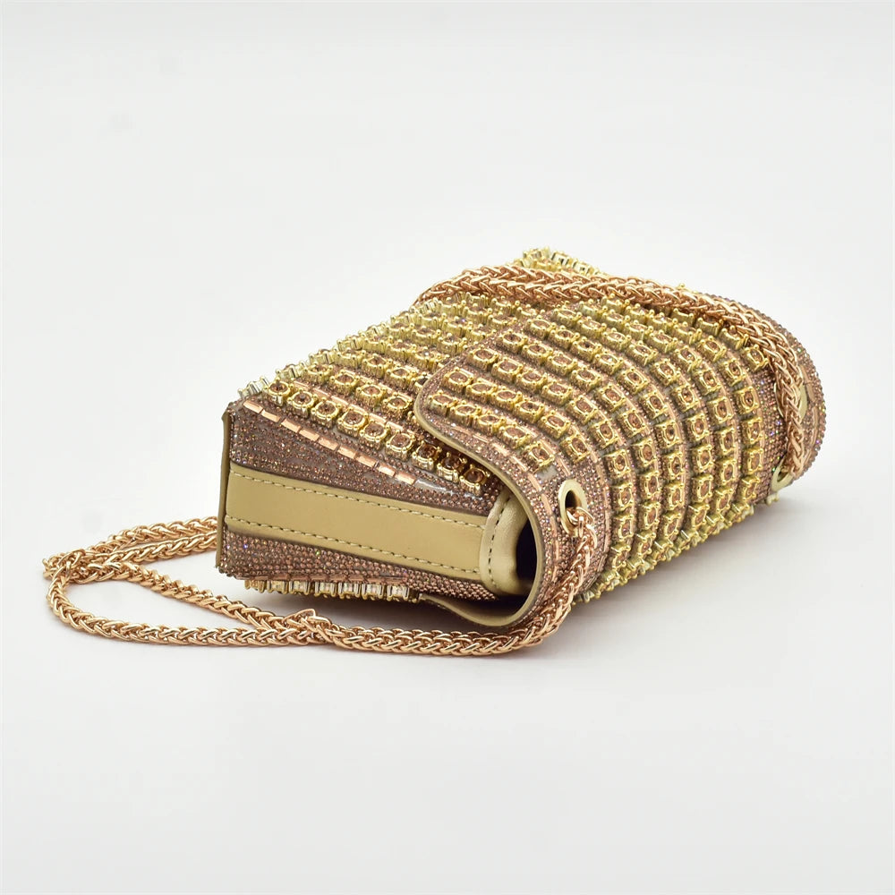 Nigerian Women's Purple Color Mid Heels Frosted Crystal Shiny Rhinestone Party Itaian Design Peep Toe Shoes and Bag Set