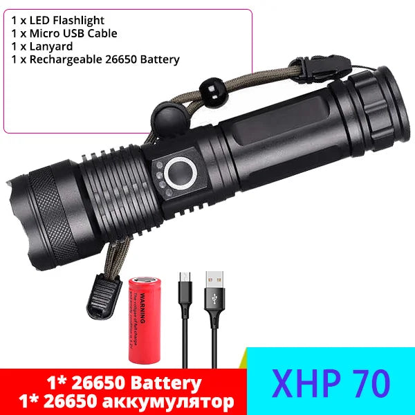 XHP120 LED Flashlight Rechargeable Zoom Tactical Torch with COB Side Light Power Bank Function