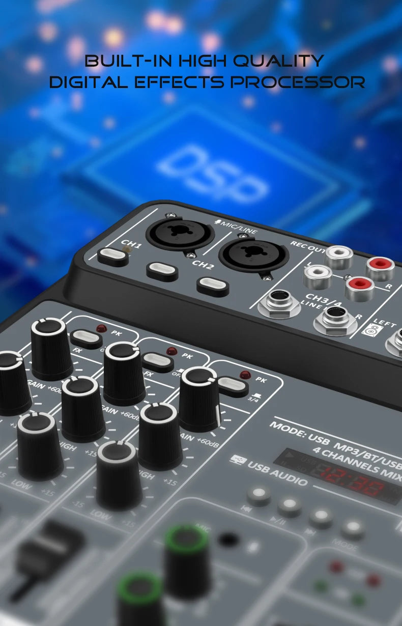 4 Channel Audio Mixer With Bluetooth USB And 48V Phantom Power