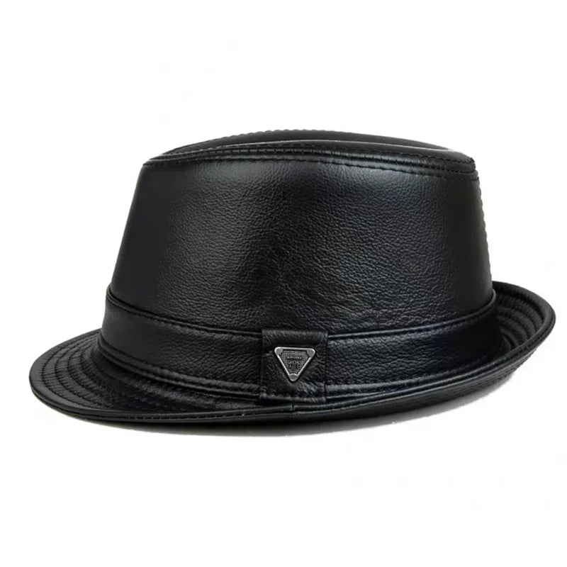 Man High Quality Genuine Leather Jazz Fedora Gentleman Cow Skin Short Brim Fitted Top Hat Male Shows