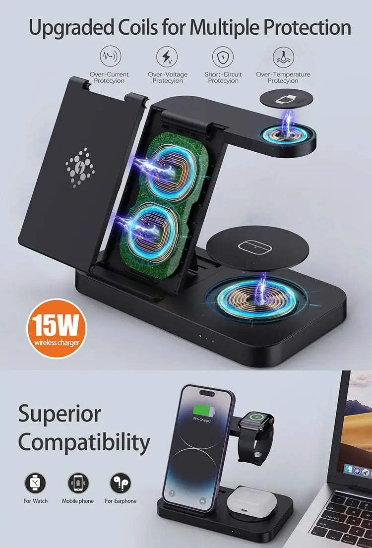 4 in 1 Foldable Wireless Charging Station For iPhone 16 15 14 13 12 Apple Watch 7/6 For Samsung Galaxy Watch Chargers 4/3
