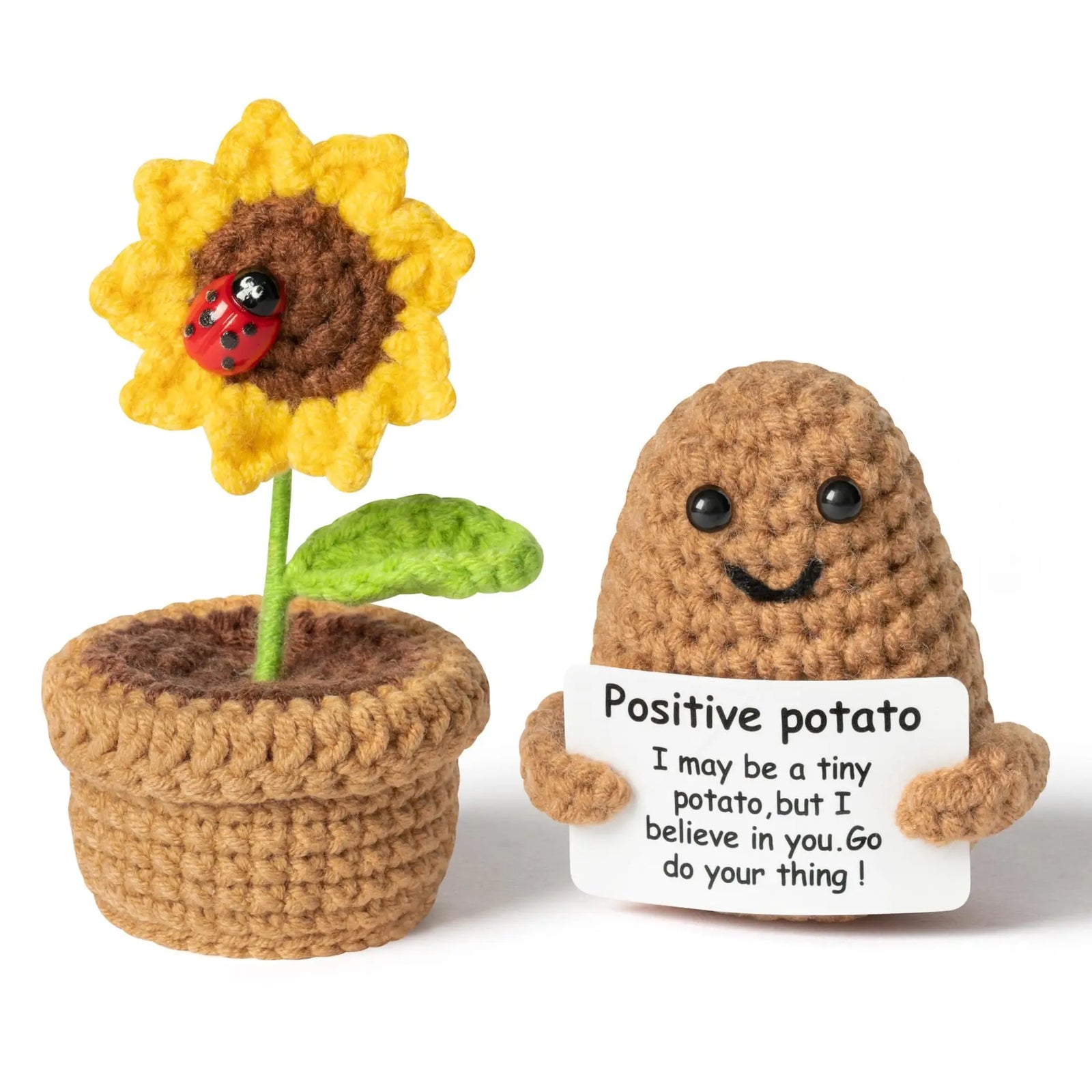 4 Pcs Positive Energy Cucumber with Sunflower Pot Kit Home Room Decor Funny Handmade Knitted Potatoes Wool Doll Christmas Gifts