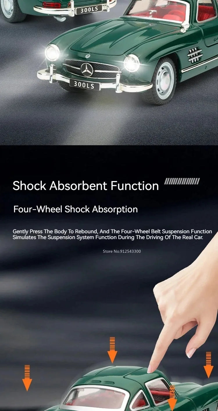 1:32 500K 300SL Vintage Car Model Toy Shock Absorption Alloy Diecast Vehicle Models Sound Light Pull Back Collection Gifts