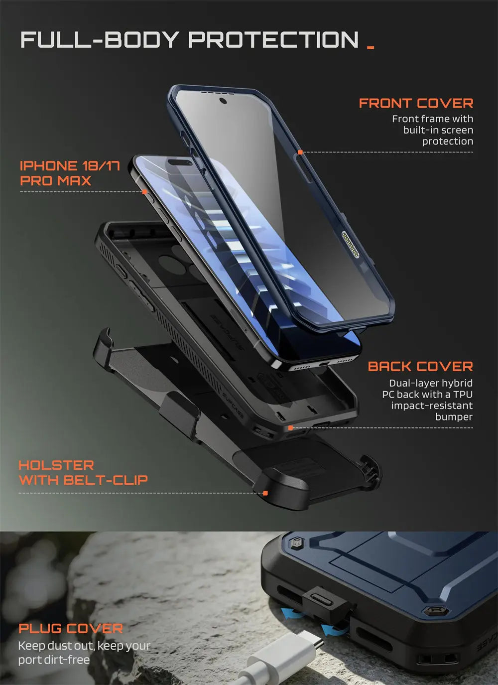 Full Body Rugged Phone Case with Built In Screen Protector and Belt Clip Holster for iPhone 17 Pro Max and iPhone 18 Pro Max