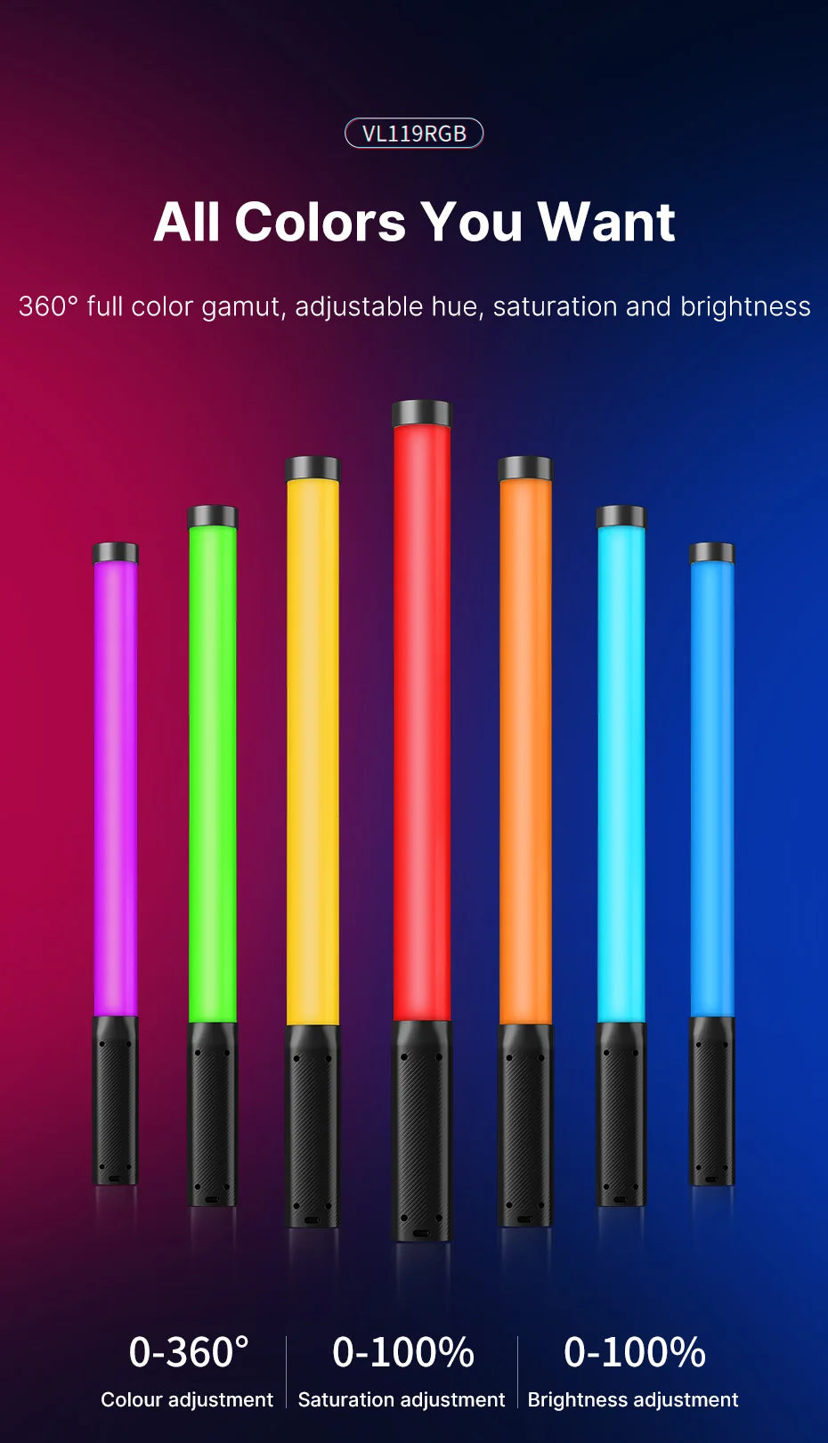 Handheld RGB Colorful Stick Light 19.68 inch Handheld LED Light Wand CRI 95+ 2500K-9000K Photography Studio Lamp