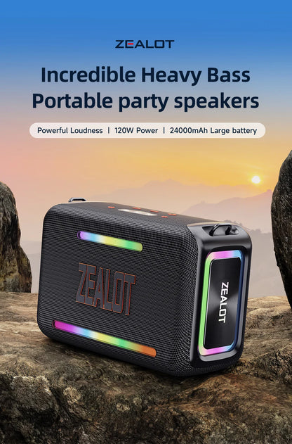 ZEALOT S95 120W RGB Portable Bluetooth Speakers, Massive Bass Party Boombox IPX6 Waterproof Speaker Large, Loud Outdoor Speaker