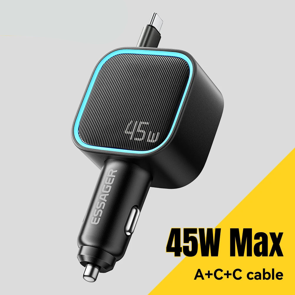 45W Car Charger with 75CM Retractable Cable PD Fast Charging USB C & USB A 3 Port Adapter