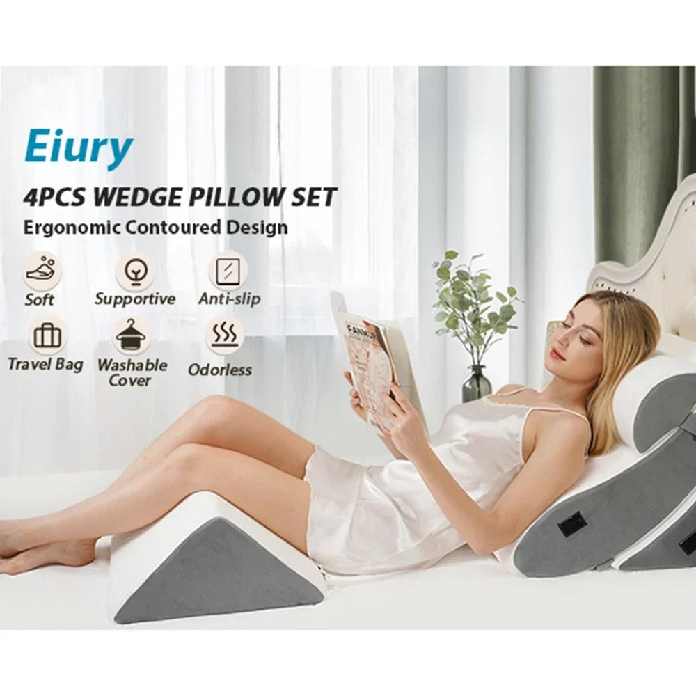 4 Piece Orthopedic Bed Wedge Pillow Set with Adjustable Wedge Sleep Pillow for Back, Neck and Leg Pain Relief Comfort