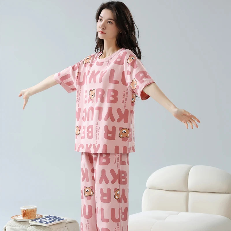 2-Pcs Women’s Cotton Pajama Set – Breathable Short Sleeve Summer Sleepwear with Cute Prints