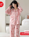 Women’s Winter 100% Cotton Pajama Set – Loose Fit, Turn-Down Collar, Long Sleeves, Cute Pink