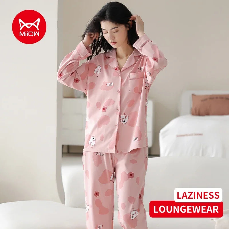 Women’s Winter 100% Cotton Pajama Set – Loose Fit, Turn-Down Collar, Long Sleeves, Cute Pink