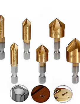 6PCS 1/4'' Countersink Drill Bit Set Hex Shank HSS 5 Flute Countersink 90 Degree Wood Chamfering Cutter Chamfer Tools 6mm-19mm