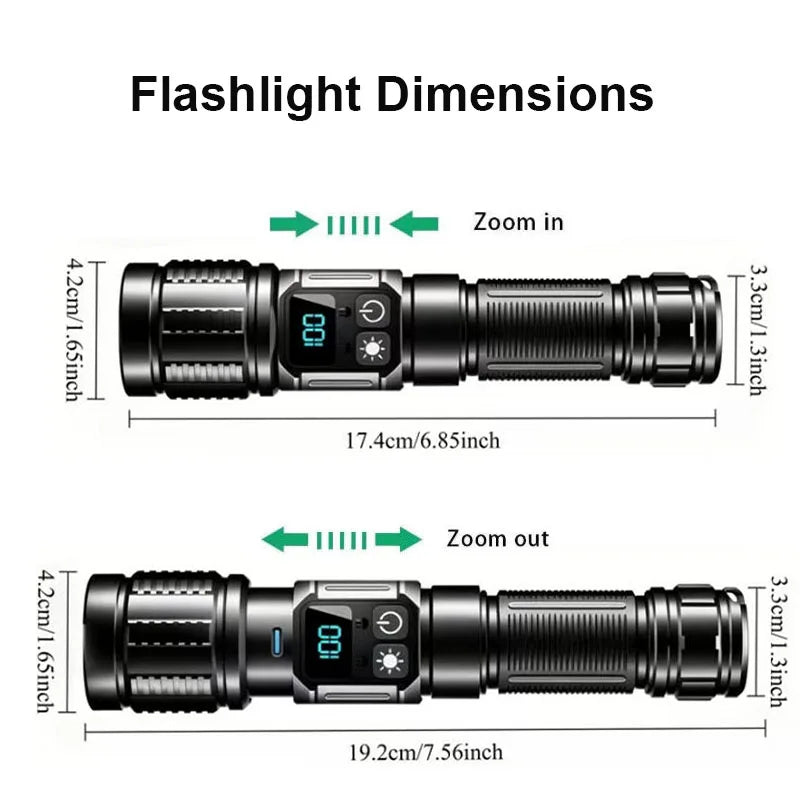 Rechargeable LED Flashlight With Magnetic Base Zoom And Power Display