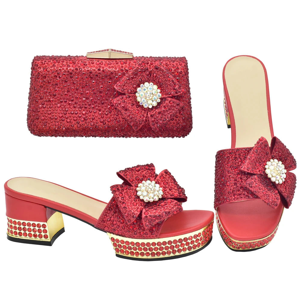 Nigerian Italian Shoes and Bags Set Decorated with Rhinestone Luxury Shoe and Bag Set for Party in Women