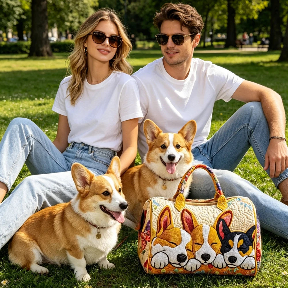 Cute Corgi Dog Print Quilted Duffel Bag Women 3D Puppy Print Travel Weekender Casual Gym Sports Overnight Carry On Bags