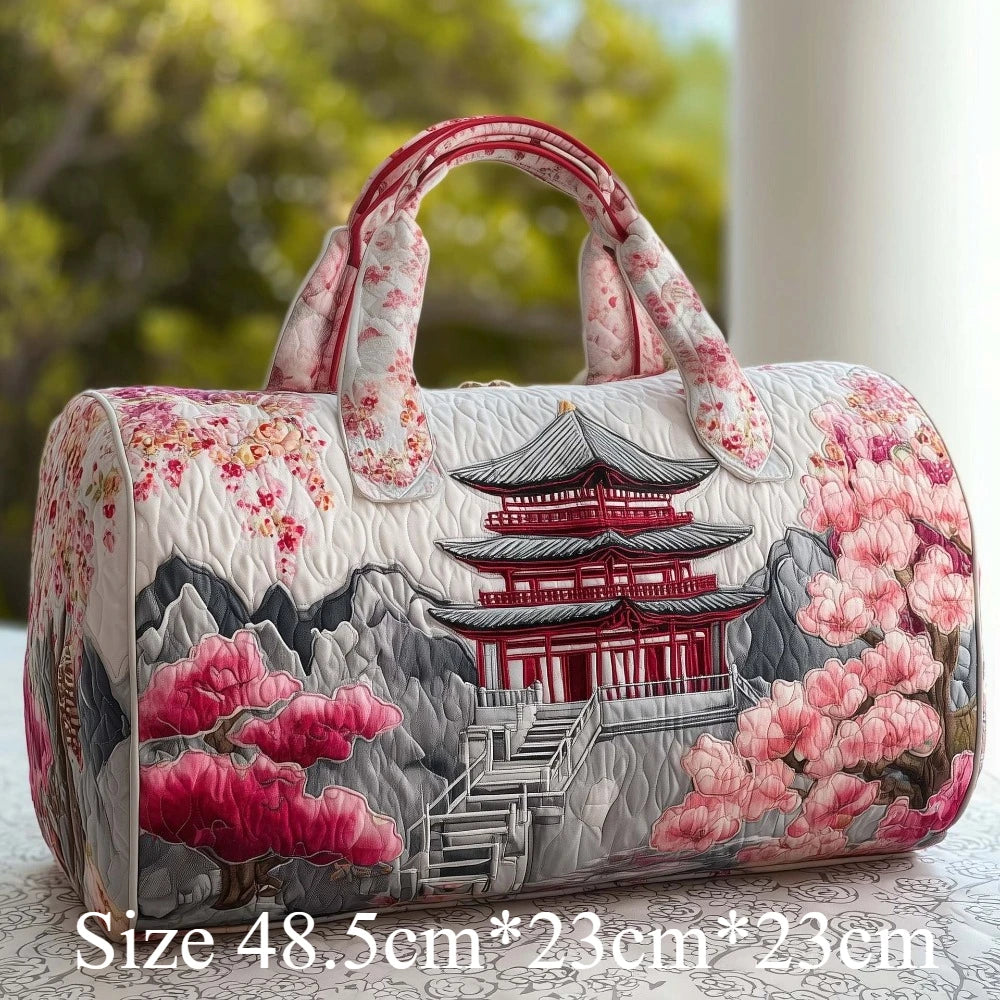 Japanese Style 3D Quilted Travel Tote Bag Cherry Blossom Pagoda Print Lightweight Carry-On Duffel Vintage Oriental Gift Travel