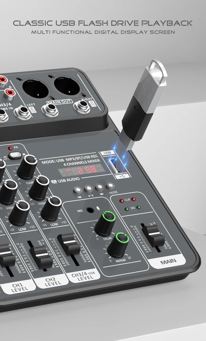 4 Channel Audio Mixer With Bluetooth USB And 48V Phantom Power
