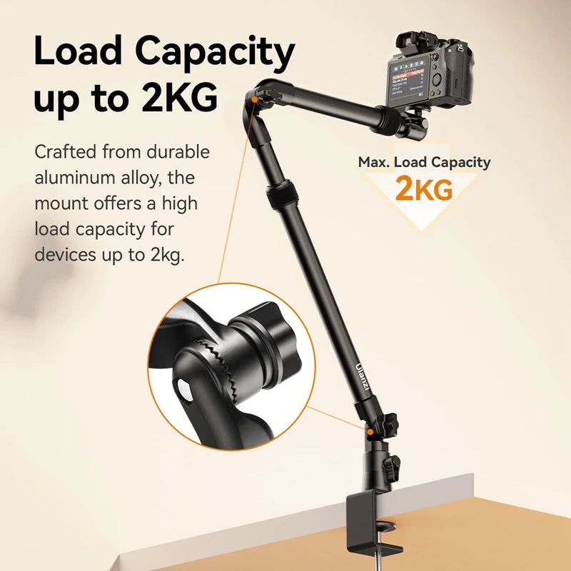 Camera Desk Setup Stand Adjustable Desk Mount with Holding Arm Max Load 2KG for Mirrorless Camera Microphone