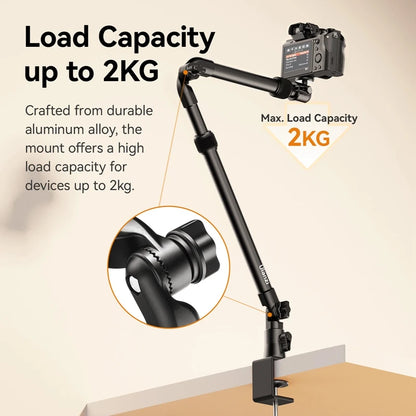 Camera Desk Setup Stand Adjustable Desk Mount with Holding Arm Max Load 2KG for Mirrorless Camera Microphone