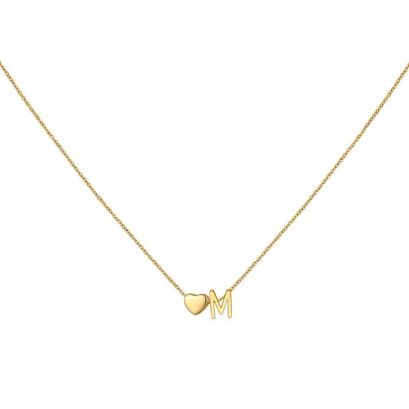 8mm Heart Shaped Initial Letter Pendant Necklace For Women Men Gold Plated Couple Necklace 45 cm