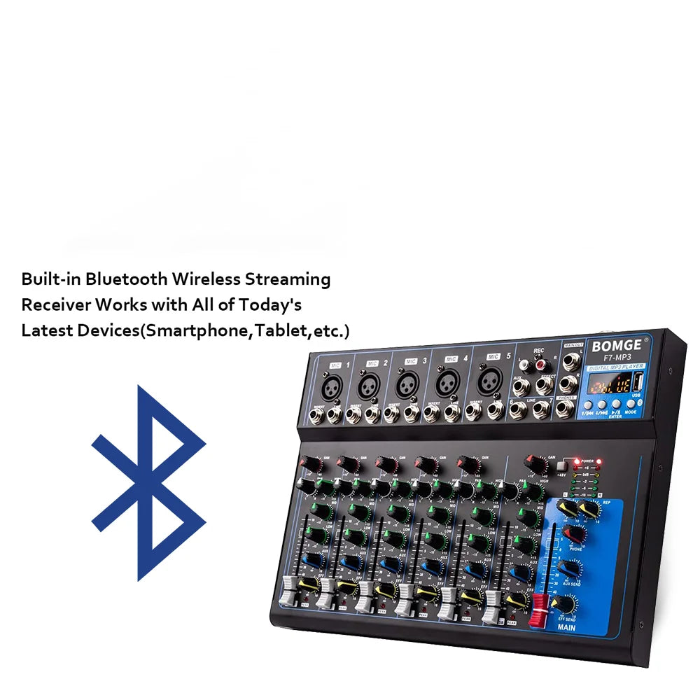 F7 Bluetooth Audio Mixer with USB Recording and 48V Phantom Power