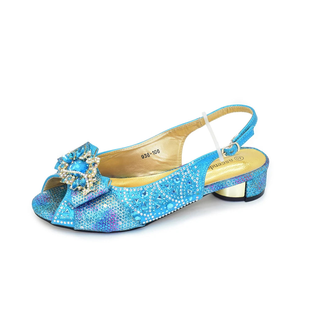 Women Low Heels Sandals Shinning Material with Rhinestone Italian Design Sky Blue Color Peep Toe Shoes and Bags Set