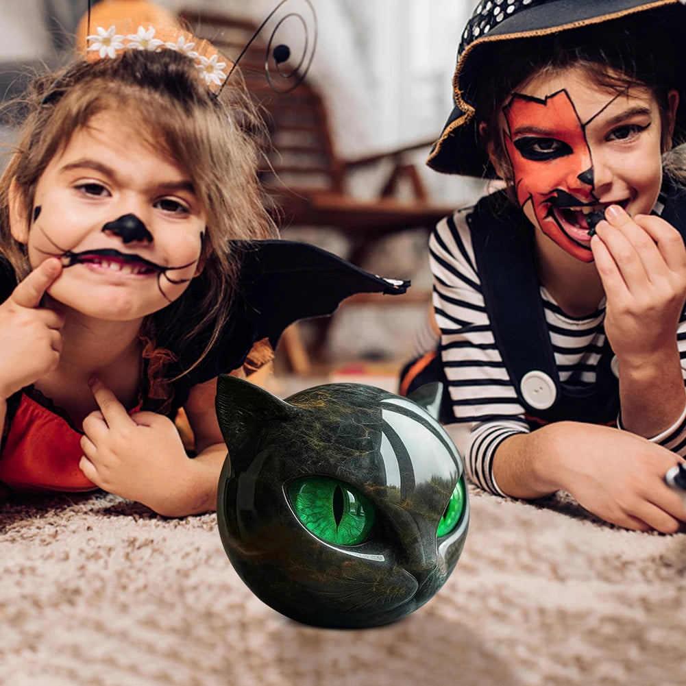 Green Eyes Cat Head Sculpture 3D Resin Healing Stone Marble Texture Cats Figurines Sculpture Gifts for Cat Lovers Women Men