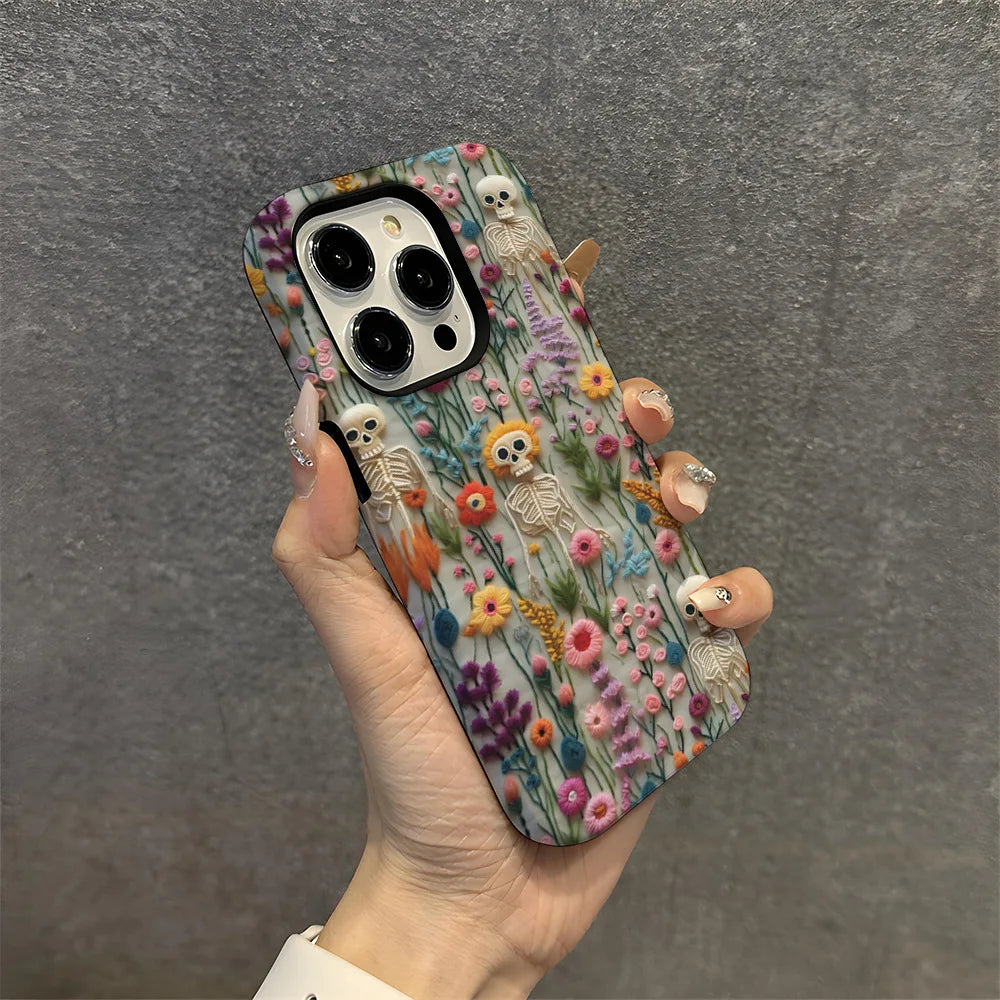 Fashion Embroidery Effect Skull Skeleton Phone Case For iPhone 16 15 Pro Max 16 Plus 2 in 1 Hard Protection Cover Funda