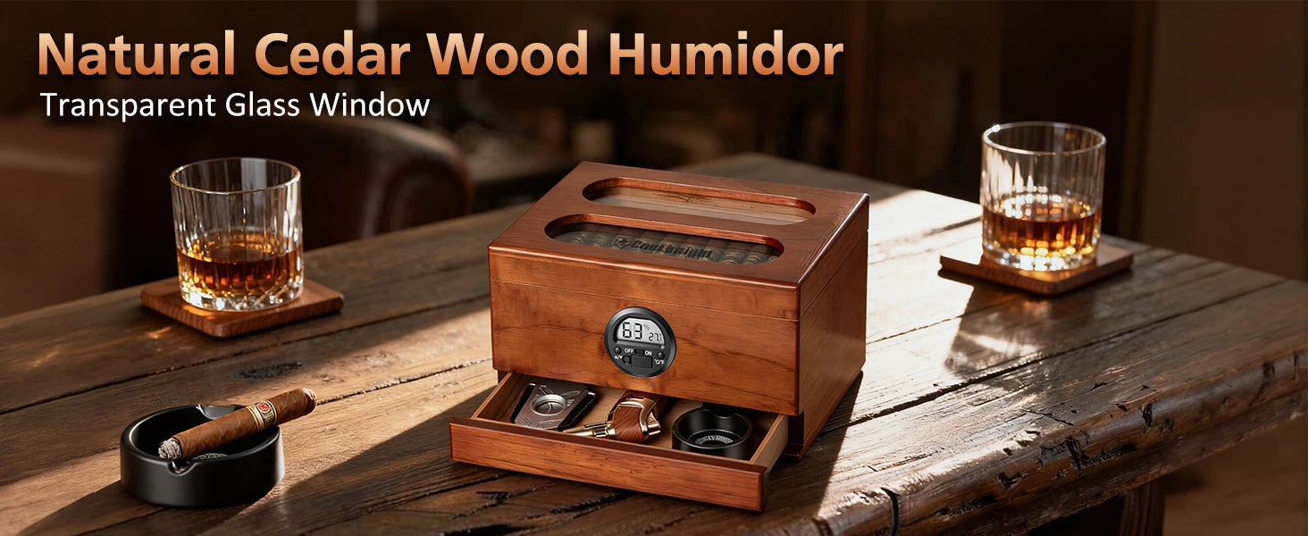 Cigar Humidor with Digital Hygrometer, Humidifier and Accessory Drawers, Glass Top Spanish Cedar Humidor, Holds 20-35 Cigars