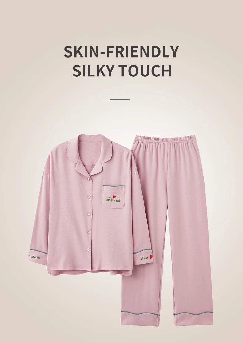 Women’s Winter 100% Cotton Pajama Set – Loose Fit, Turn-Down Collar, Long Sleeves, Cute Pink