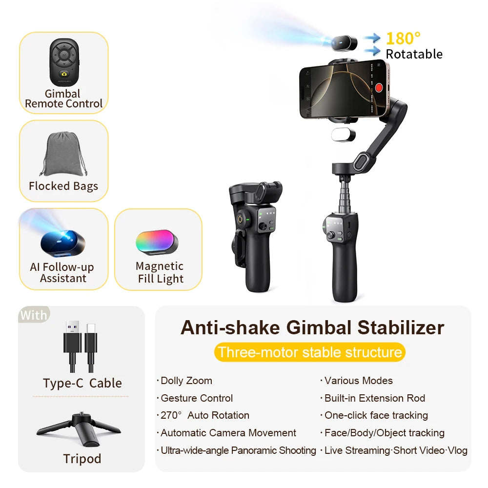 3-Axis Handheld Gimbal Phone Stabilizer with Extension Rod  8.0 Anti Shake Face Tracking for Phone Outdoor Shooting Vlog