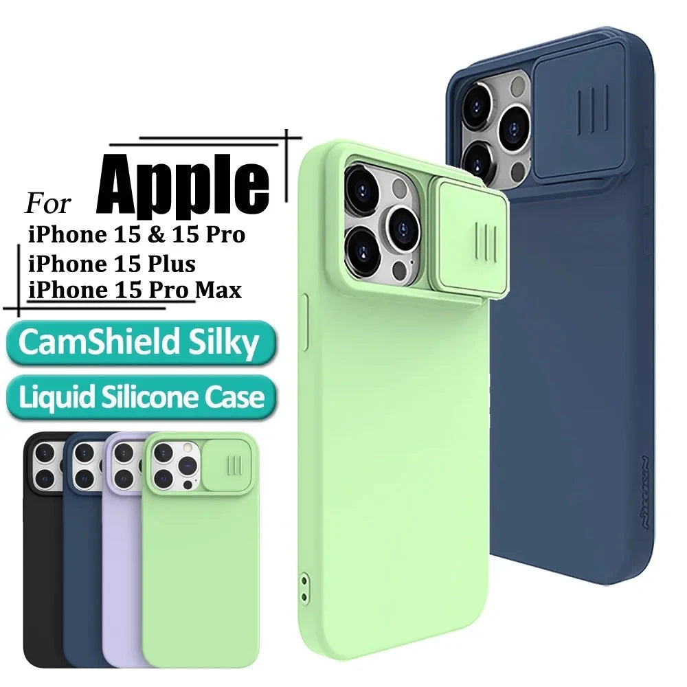 Liquid Silicone Case For iPhone 15 Pro Max 15 Pro 15 Plus CamShield Silky Phone Case Camera Slider Shockproof Back Cover