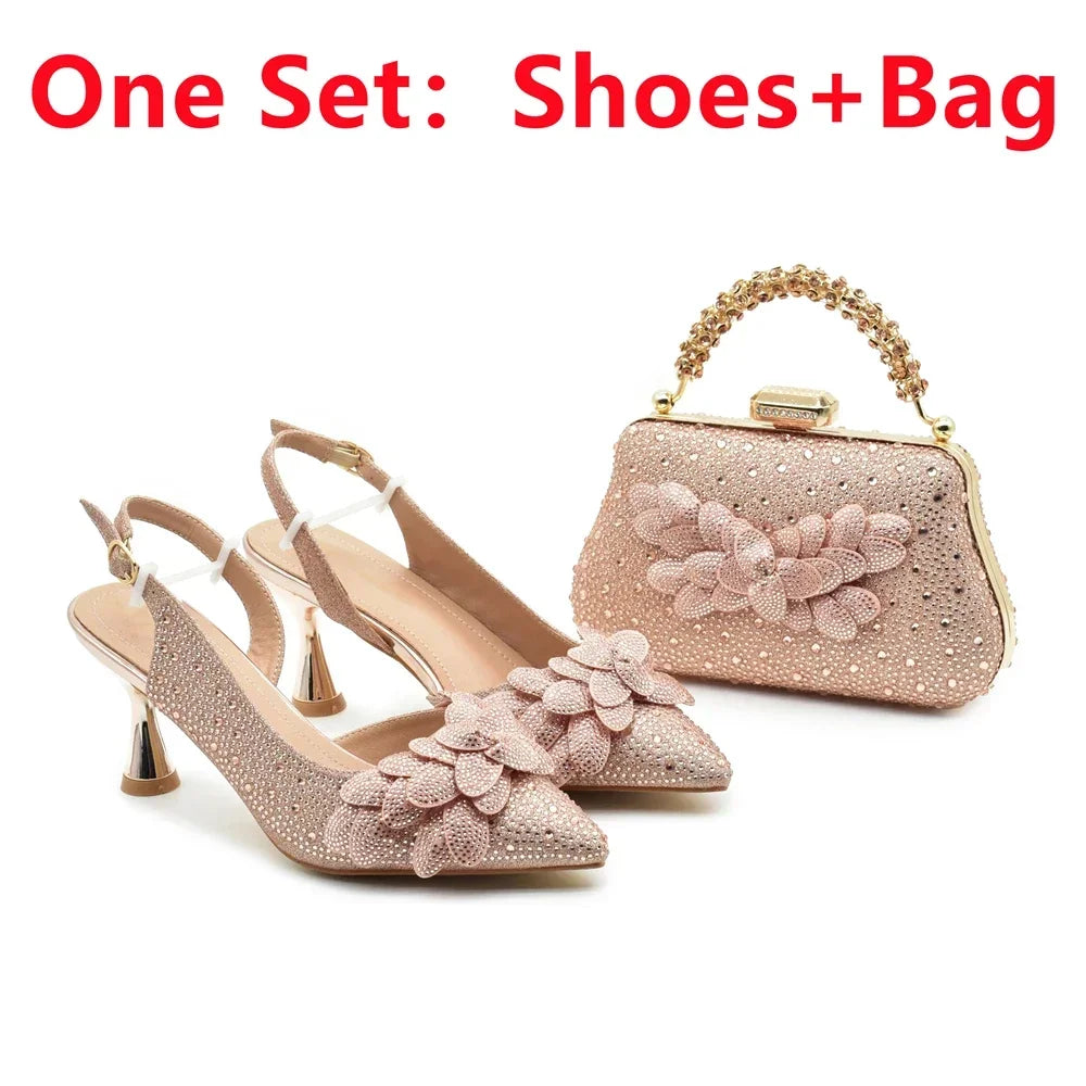 Italian Design Luxury Women's Pointed Toe Shoes Bag Set Full Diamond Decoration Party Women Shoes Fashion