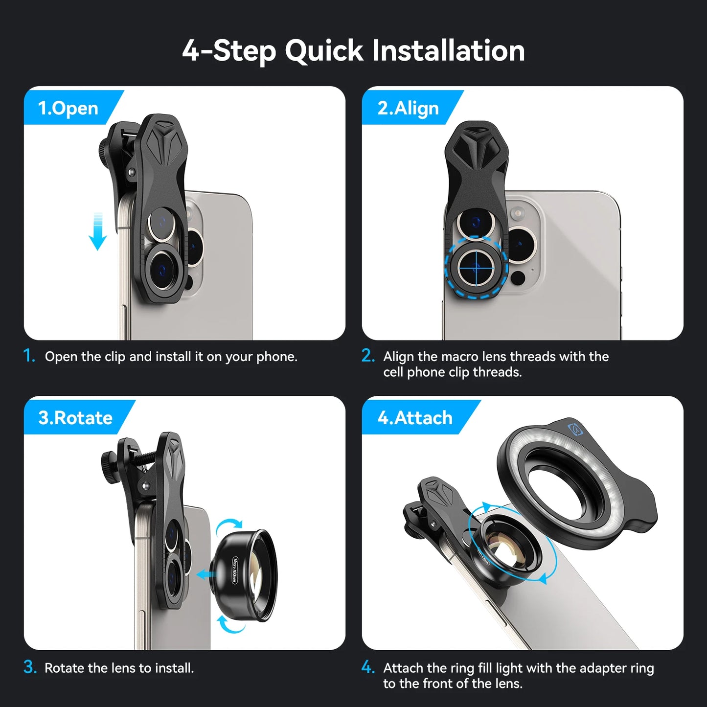 10X to 20X Zoom Macro Smartphone Lens with Fill Light