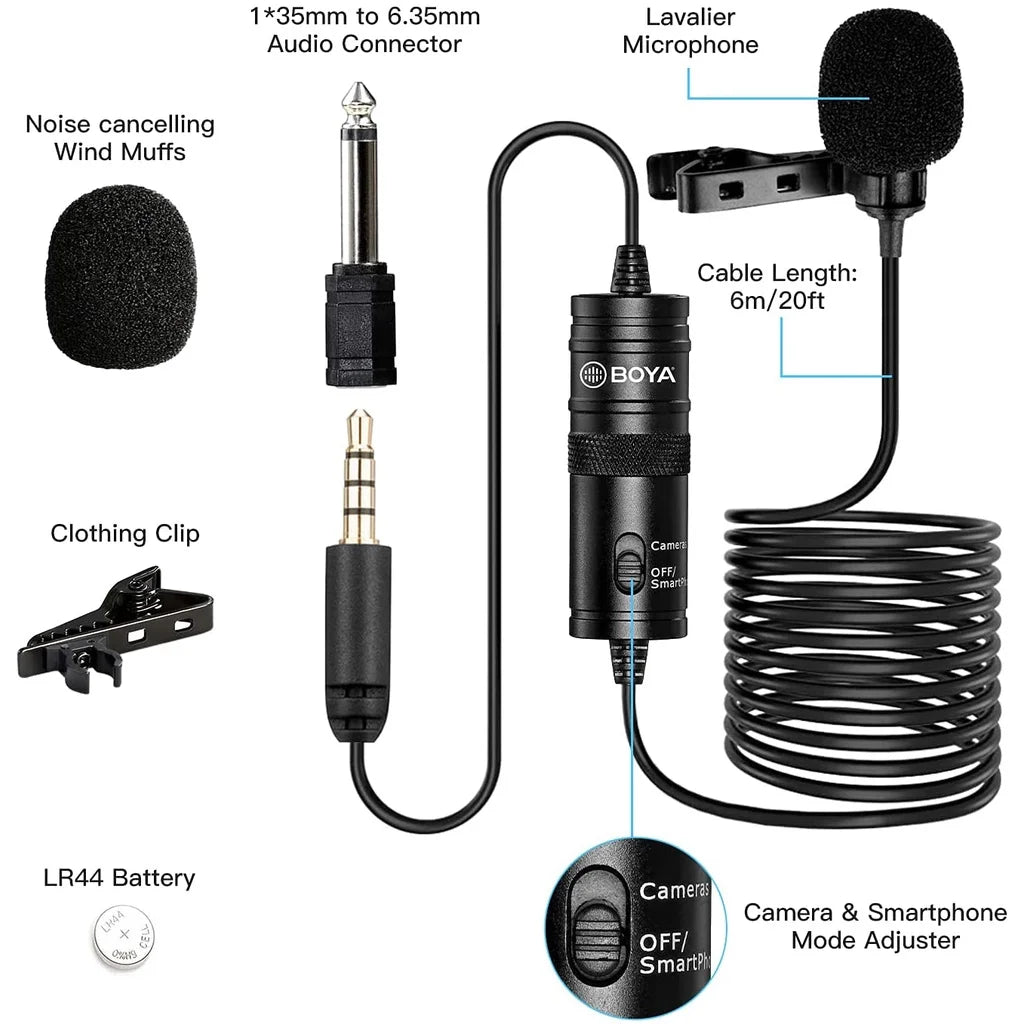 M1 Condenser Lavalier Lapel Clip-on Microphone 3.5mm TRRS 6M Mic For PC iphone DSLR Camera YouTube Recording Streaming