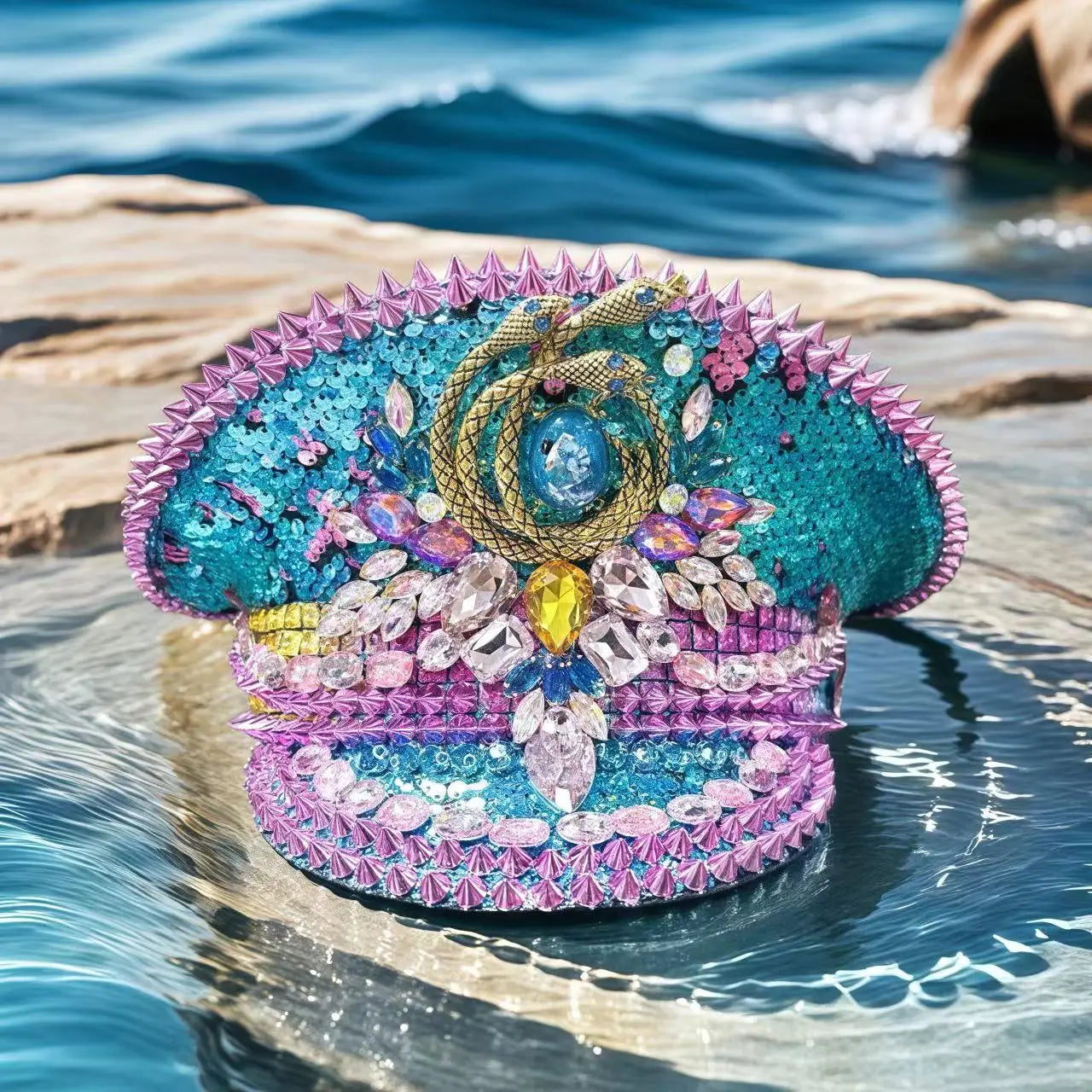 Bling Captain Hat Rhinestone Captains Hat for Men Handmade Steampunk Hat Burning Man Ramadan Masquerade HongLuan Summer Cap