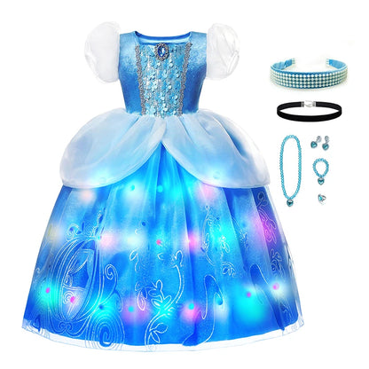 LED Light Up Girls Disney Cinderella Princess Cosplay Dress Kids Ball Gown Sequin Carnival Mesh Clothing for Birthday Christmas