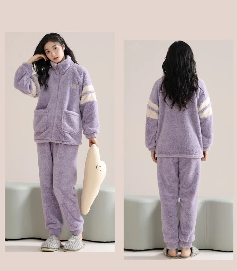 Women’s Winter Flannel Pajama Set – Warm Coral Fleece Loungewear with Cute Bunny Design