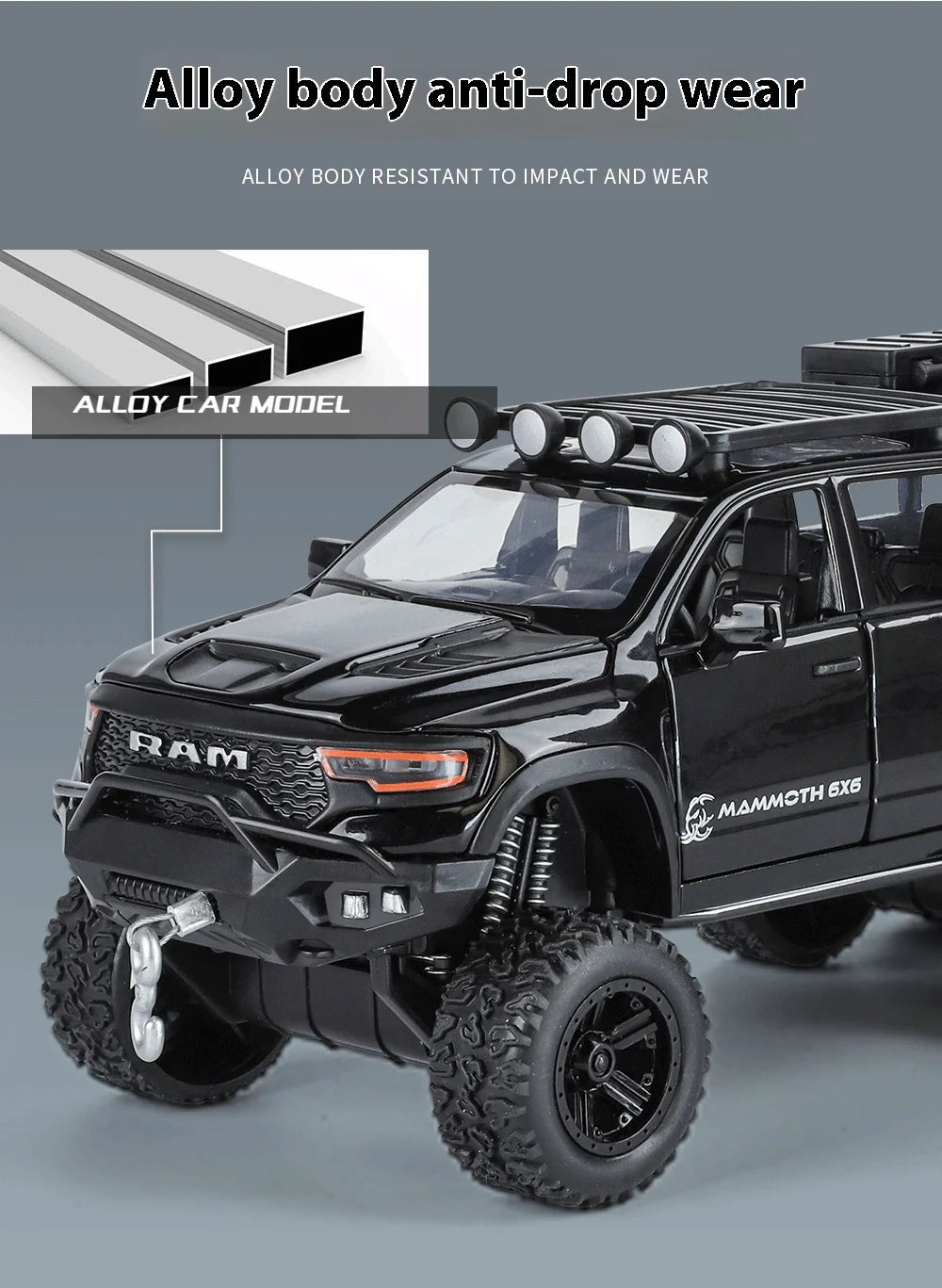﻿1:32 Dodge Tyrannosaurus Rex RAM 1500 TRX 6*6 Warlord Alloy Miniature Car Diecast Metal Scale Model Sound ＆ Light Toy Car
