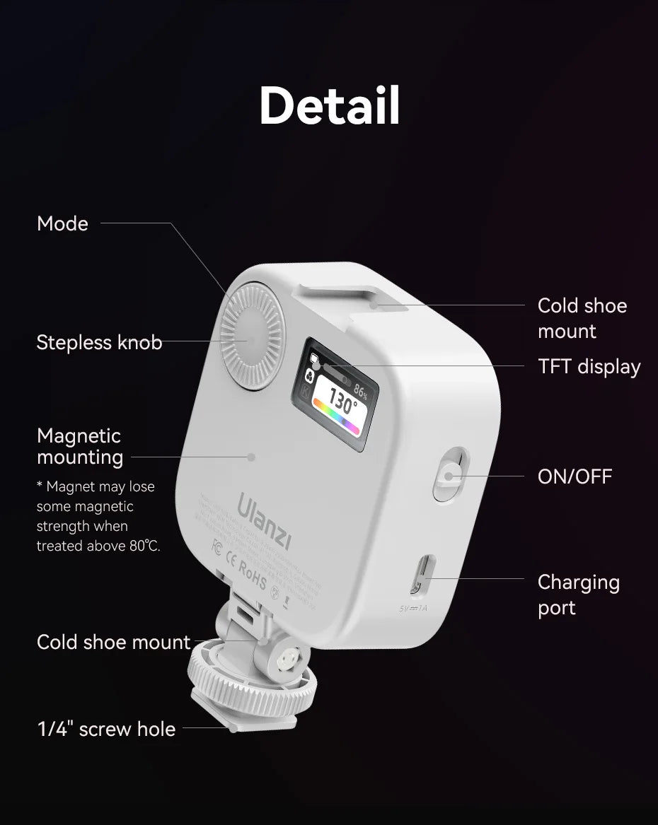U60 Mini Pocket LED Video Lamp – RGB 2500-9000K Rechargeable Photography Light with LCD Screen & Cold Shoe Mount