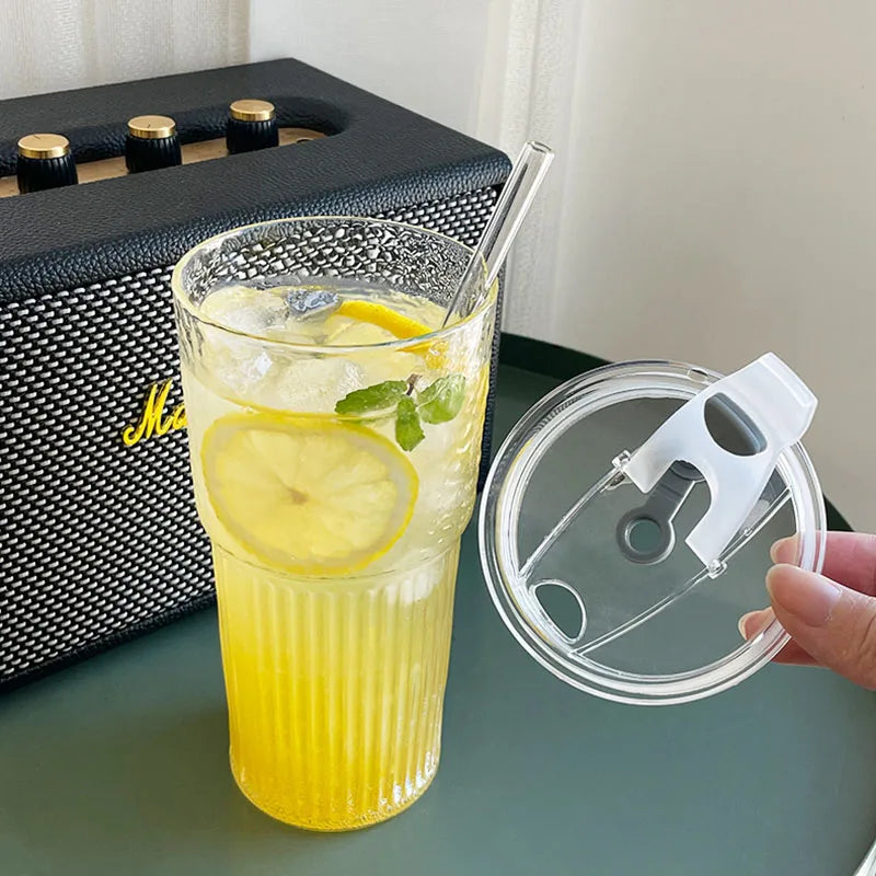 600ml Stripe Glass Cup with Lid And Straw Transparent Milk Tea Juice Cup Drinking Glasses Ice Water Coffee Mug Bar Drinkware
