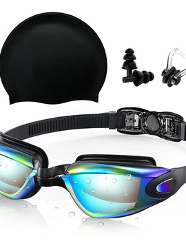 Swimming Goggles and Silicone Swim Cap sets with Nose Clip Earplugs,Waterproof No Leaking Anti Fog UV Protection Safety Glasses