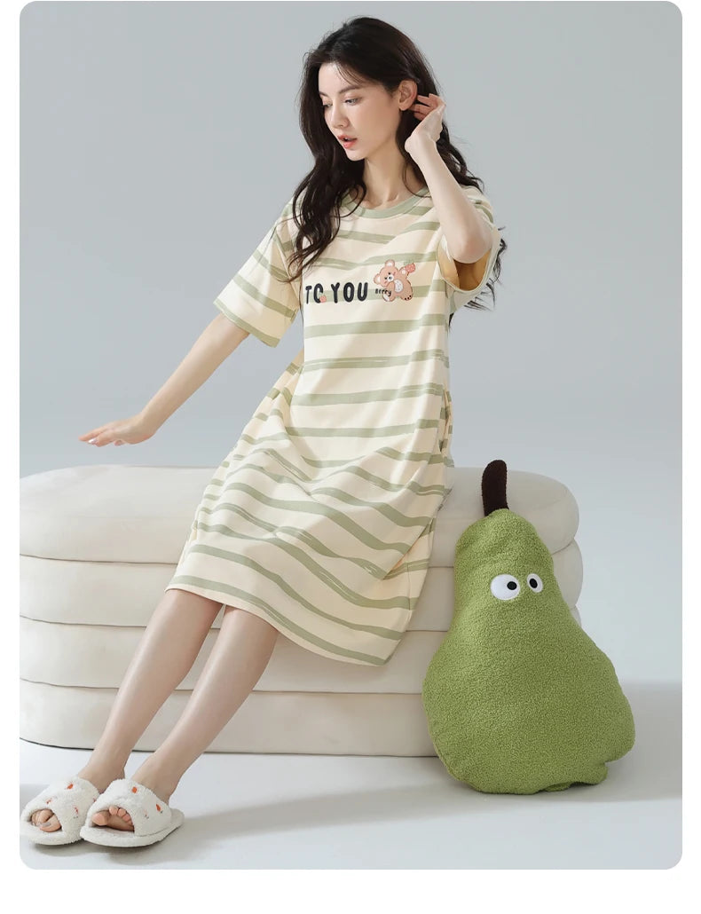 Women’s Cotton Nightgown – Korean Style Cute Print, Summer Short Sleeve Sleepwear Dress
