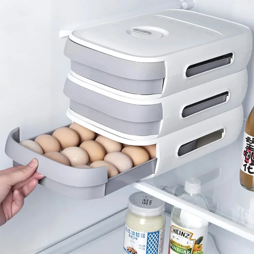 Automatic Rolling Egg Holder Stackable Drawer Storage Box – Space-Saving Refrigerator Kitchen Organizer