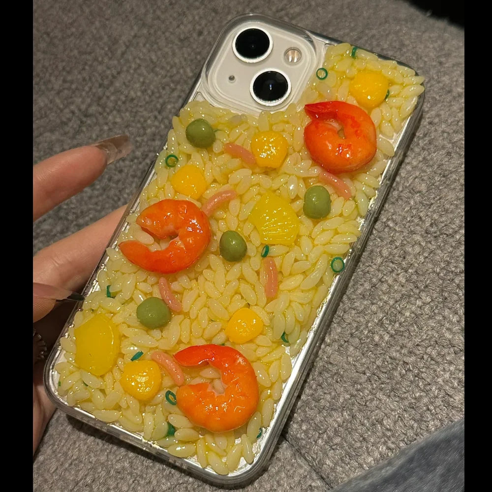 Cute Cartoon Shrimp Corn Fried Rice Phone Case For iPhone 15 13 14 Pro Max Clear Lens Protection Soft Silicone Back Cover