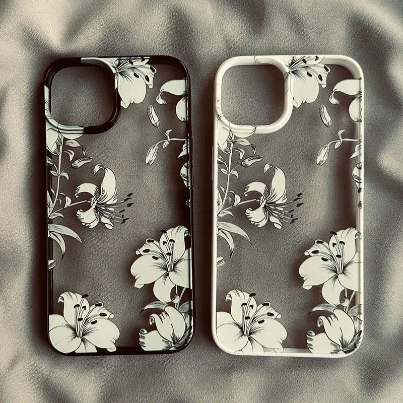 Transparent Lily Flower Floral Case For iPhone 16 15 14 Pro Max 14 Plus Mini Acrylic Clear Funda Cover